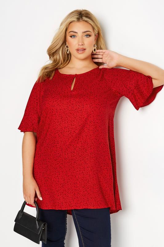 Curve Red Ditsy Print Keyhole Top 1