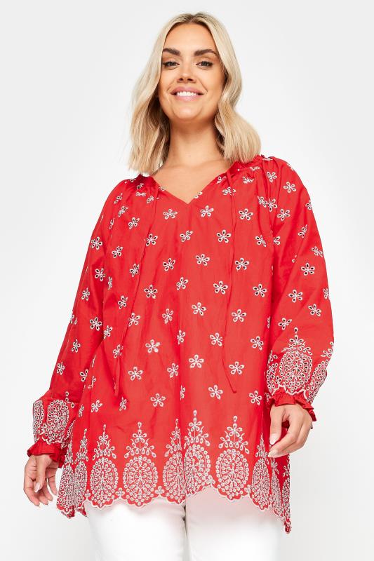 Plus Size  YOURS Curve Red & White Broderie Anglaise Blouse