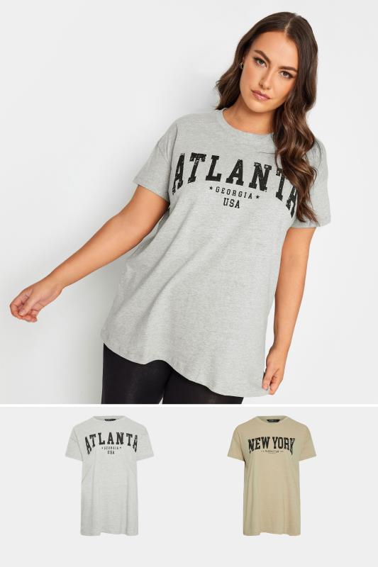 Plus Size  YOURS 2 PACK Curve Beige Brown & Grey 'Atlanta' Slogan T-Shirt