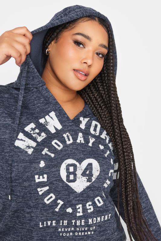 YOURS Plus Size Navy Blue 'New York' Slogan Varsity V-Neck Hoodie | Yours Clothing 4