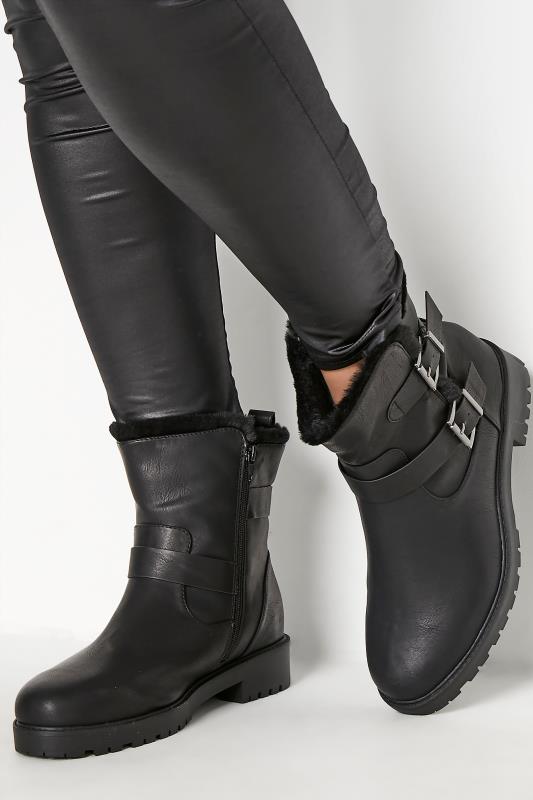 Plus Size Black Faux Fur Biker Boots In Wide E Fit & Extra Wide EEE Fit| Yours Clothing 1