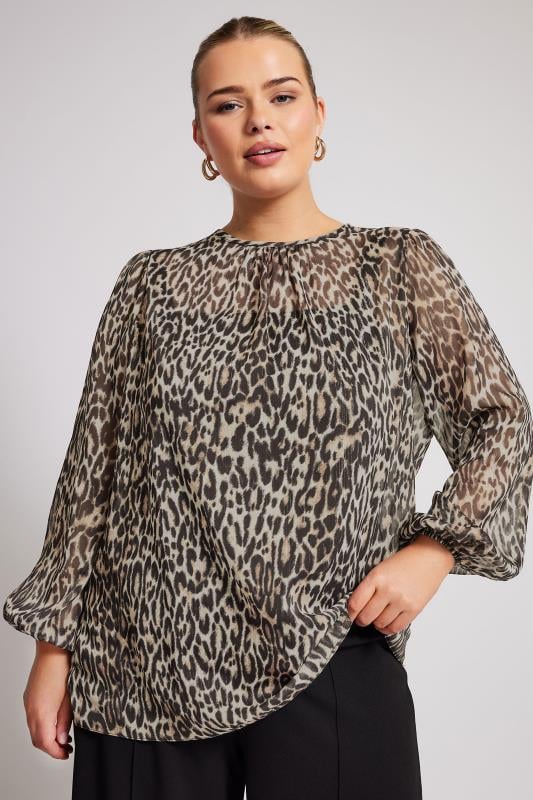 YOURS LONDON Plus Size Natural Brown Leopard Print Mesh Blouse | Yours Clothing  5