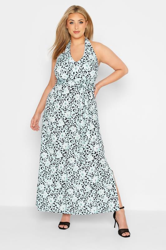 YOURS LONDON Plus Size Blue Leopard Print Halter Neck Maxi Dress | Yours Clothing  2