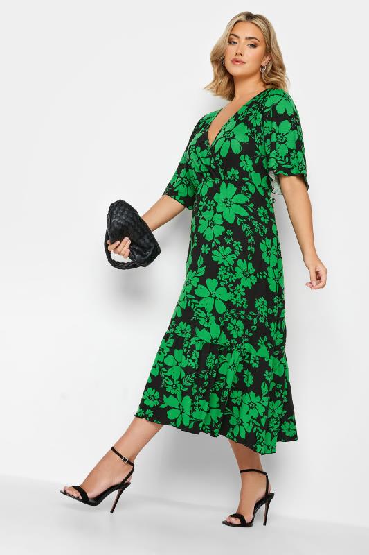 YOURS Plus Size Black & Green Wrap Angel Sleeve Midi Dress | Yours Clothing 2