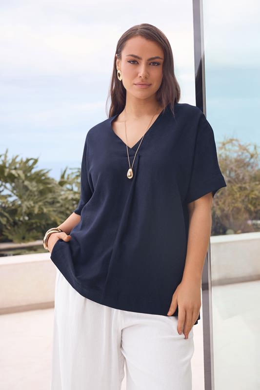 EVANS Plus Size Navy Blue Premium Linen Front Pleat Top | Evans  1