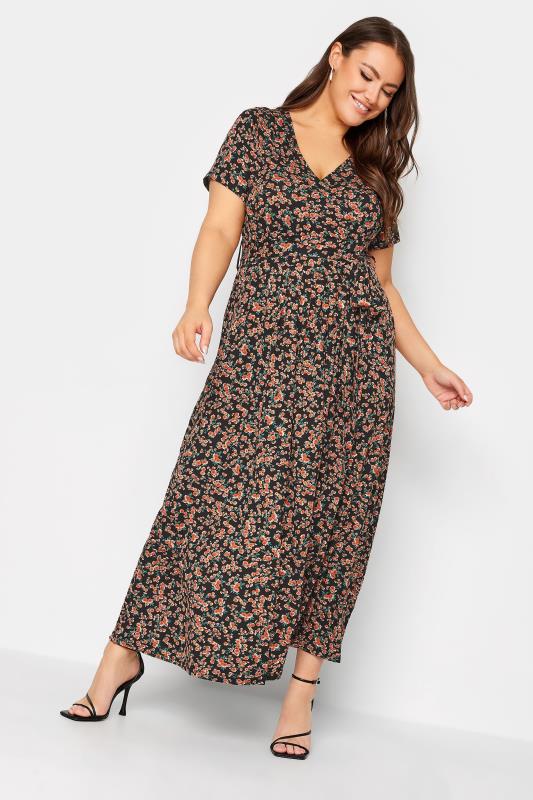 YOURS Plus Size Black Ditsy Floral Print Wrap Maxi Dress | Yours Clothing 1