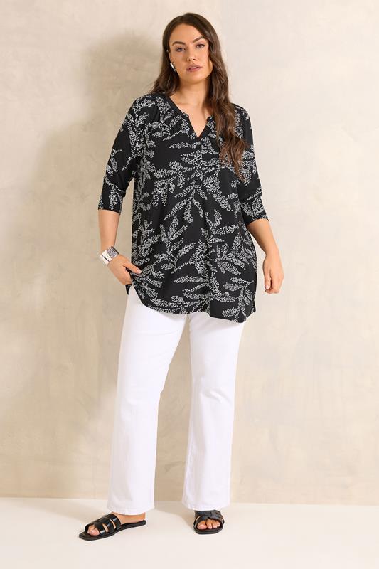 EVANS Plus Size Black Leaf Print Jersey Top | Evans  1