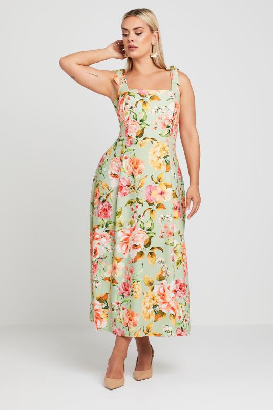  Grande Taille LIMITED COLLECTION Curve Green Floral Print Bow Strap Midaxi Dress