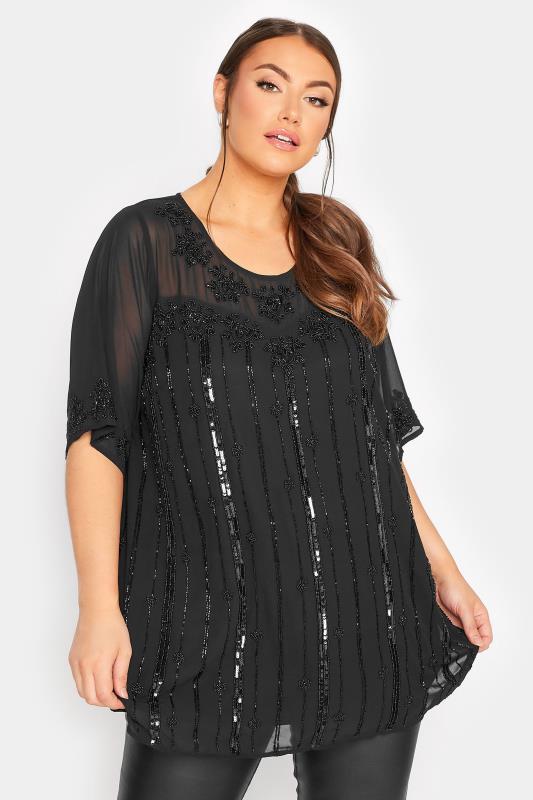 LUXE Plus Size Black Sequin Hand Embellished Chiffon Blouse | Yours Clothing 1