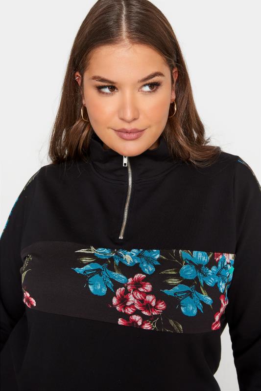 Plus Size Black Floral Panel Zip Sweatshirt | Yours Clothing 4