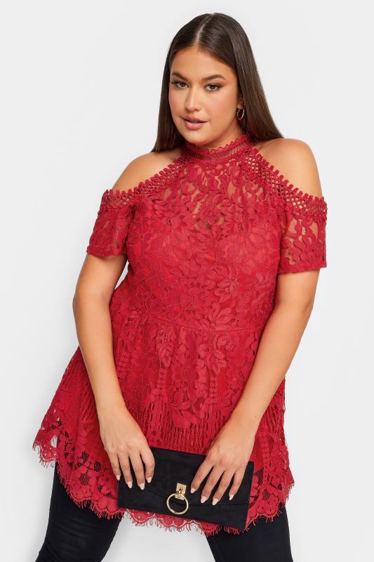  YOURS LONDON Curve Red Cold Shoulder Lace Top