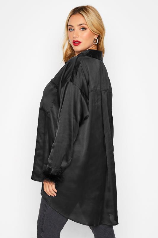 LIMITED COLLECTION Plus Size Black Fluff Trim Satin Shirt | Yours Clothing  3