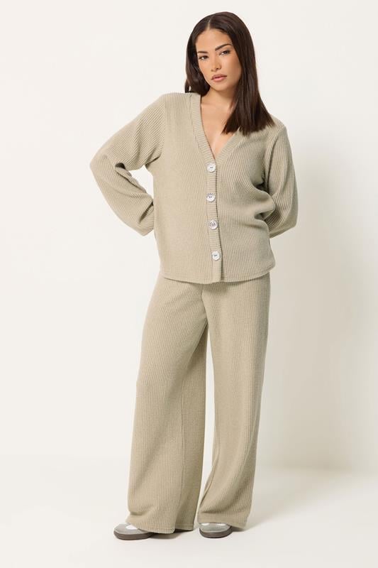  PixieGirl Petite conjunto de top acanalado verde salvia y pantalones de pierna ancha