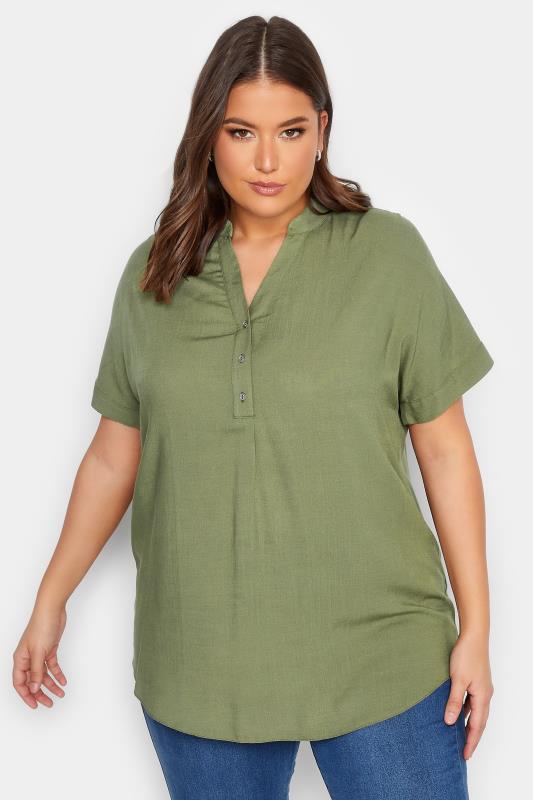YOURS Plus Size Khaki Green Half Placket Blouse | Yours Clothing 1
