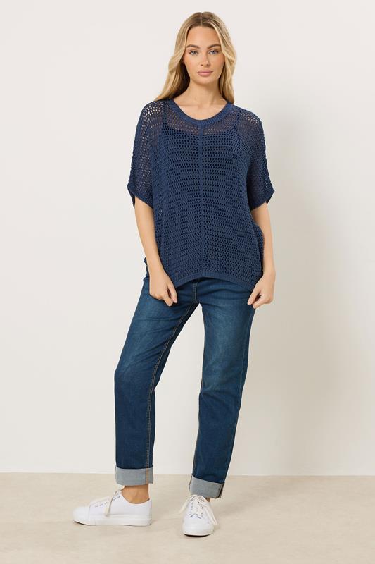 M&Co Navy Blue Crochet Short Sleeve Jumper | M&Co  1