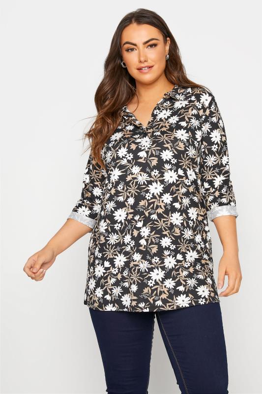 Plus Size  Black Floral Rugby Collar Top