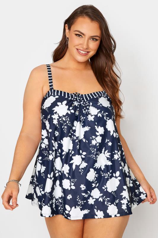  Grande Taille Curve Navy Blue Floral Print Tankini Top