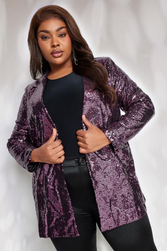 Plus Size  YOURS Curve Purple Sequin Embellished Blazer