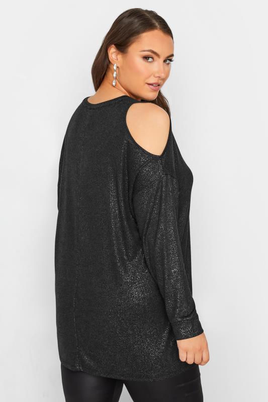Curve Plus Size Black Glitter Long Sleeve Cold Shoulder Top | Yours Clothing 4