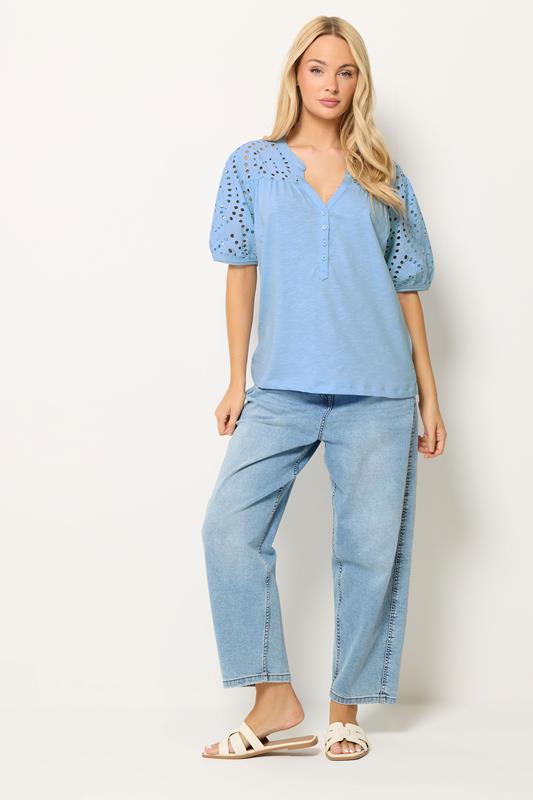 M&Co Light Blue Broderie Cotton Half Placket Top | M&Co 1