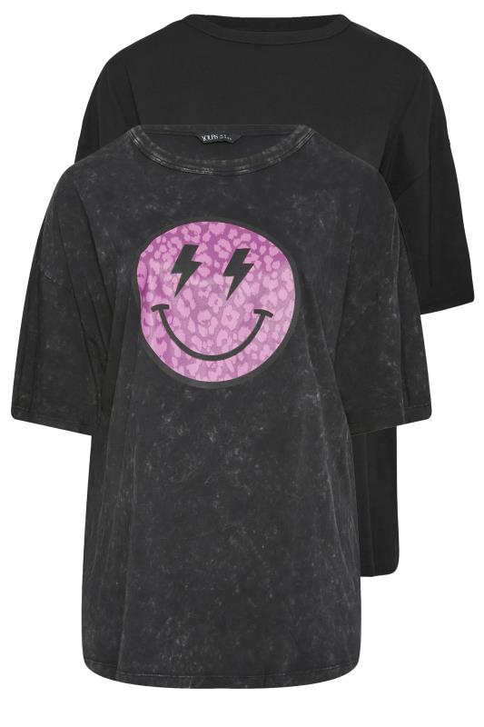 YOURS Curve Plus Size Charcoal Grey & Black Leopard Print Smiley Face T-Shirt | Yours Clothing  7