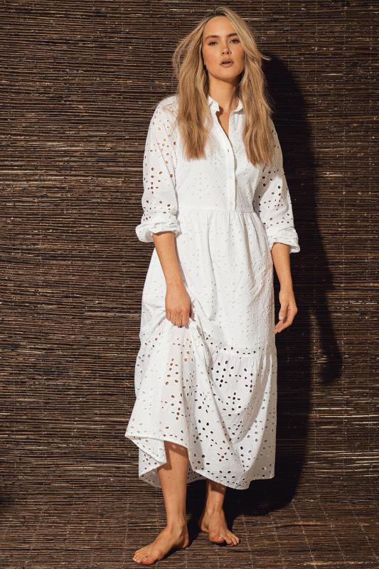  Grande Taille LTS Tall White Broderie Anglaise Maxi Shirt Dress