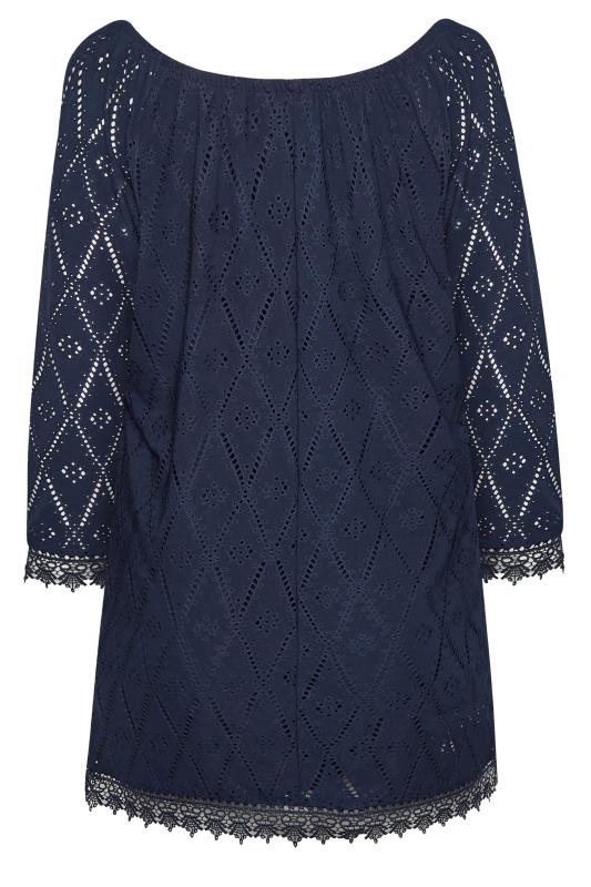 YOURS Plus Size Navy Blue Pointelle Lace Trim Top | Yours Clothing 7