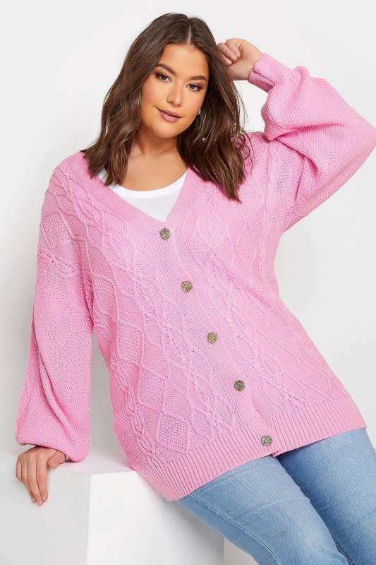 Plus Size  YOURS Curve Pink Knitted Button Through Cardigan