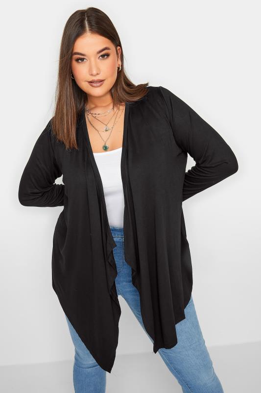 Plus Size Cardigans YOURS Curve Black Edge To Edge Waterfall Jersey Cardigan