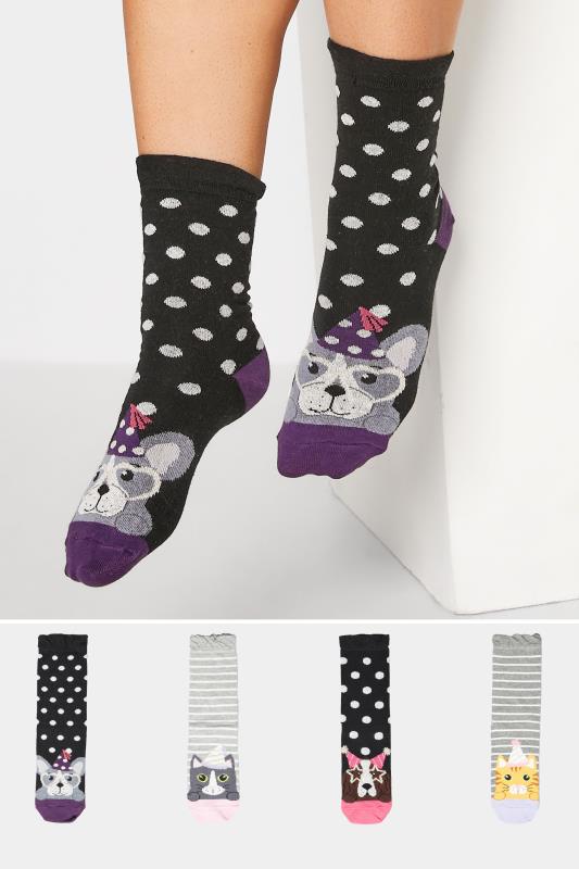  4 PACK Black Dogs & Cats Party Print Socks