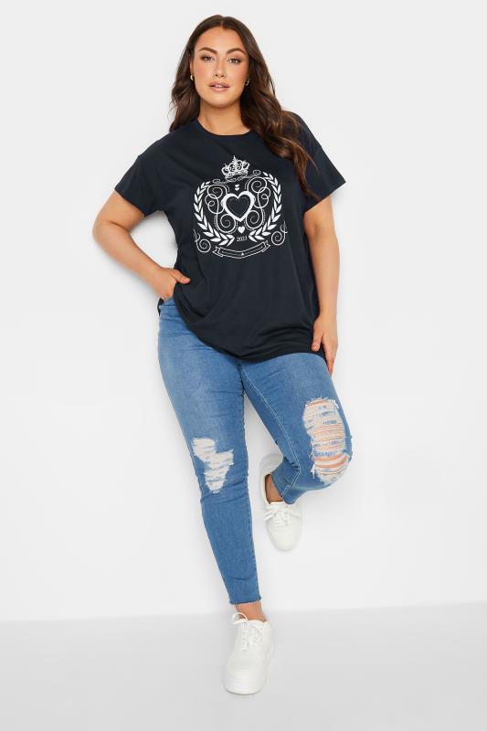 YOURS Plus Size Navy Blue Crown Print T-Shirt | Yours Clothing 2
