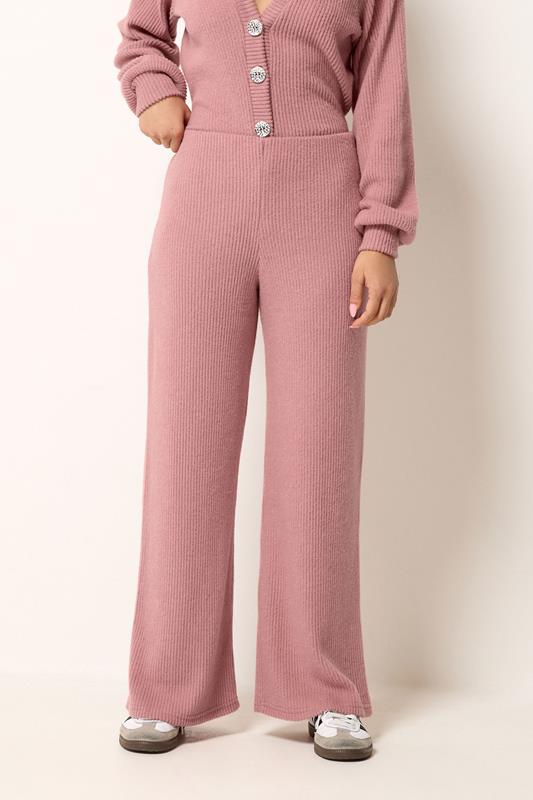 PixieGirl Petite Women's Pink Marl Ribbed Soft Touch Wide Leg Trousers | PixieGirl 1