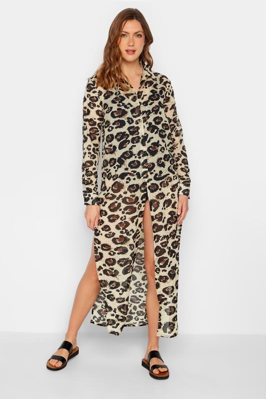 LTS Tall Brown Leopard Print Longline Beach Shirt | Long Tall Sally 1