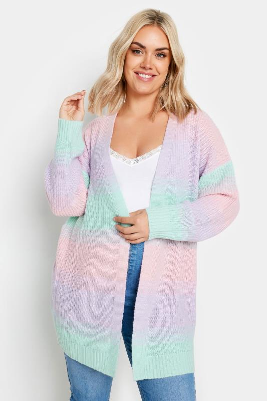  Tallas Grandes YOURS Curve Pastel Pink & Blue Ombre Stripe Knitted Cardigan