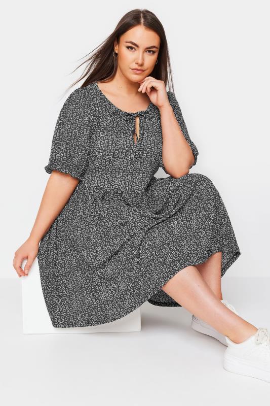 YOURS Plus Size Black Floral Print Textured Mini Dress | Yours Clothing 1