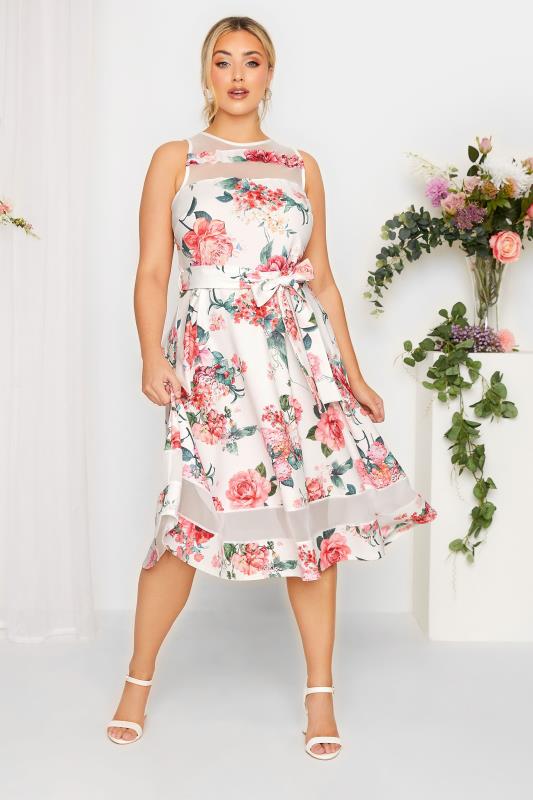 YOURS LONDON Curve Plus Size White & Pink Mesh Floral Skater Dress | Yours Clothing  1