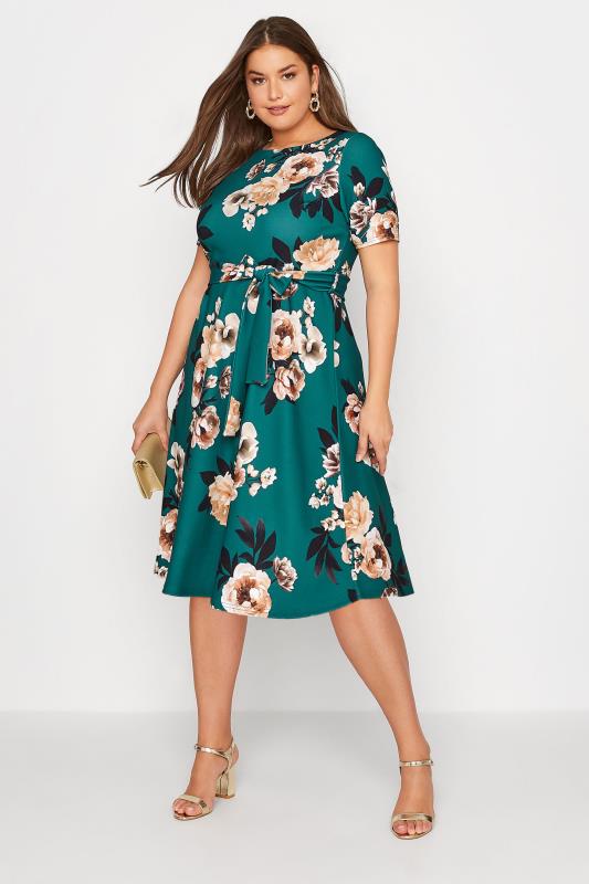 YOURS LONDON Plus Size Green Floral Print Midi Skater Dress | Yours Clothing 2
