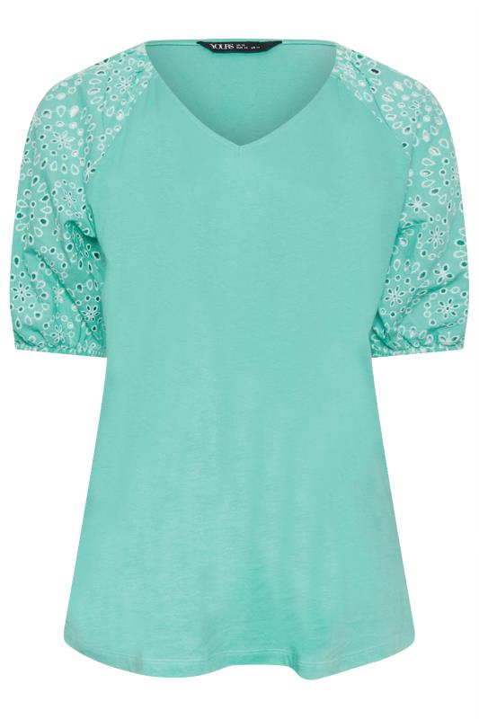 YOURS Plus Size Green Broderie Anglaise Sleeve T-Shirt | Yours Clothing 5