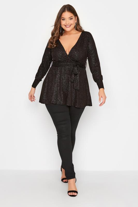 YOURS LONDON Plus Size Black Glitter Wrap Top | Yours Clothing 3