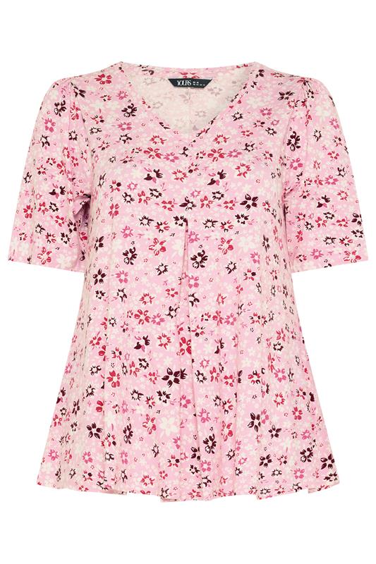 YOURS Plus Size Pink Floral Pleat Angel Sleeve Swing Top | Yours Clothing 5