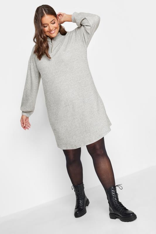 YOURS Plus Size Grey Soft Touch Zip Neck Jumper Dress | Yours Clothing 2