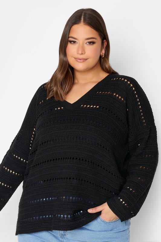 YOURS Plus Size Black Side Split Crochet Jumper Yours Clothing