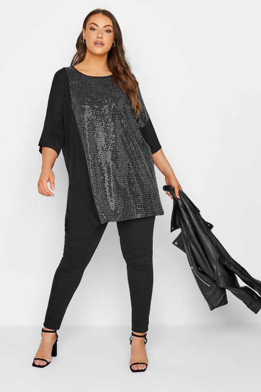 Plus Size Black Sequin Oversized Top | Yours Clothing 2