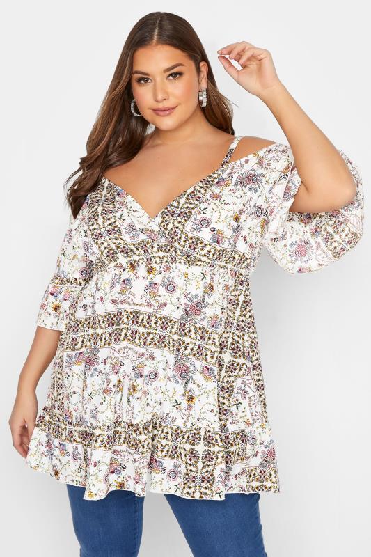 Plus Size White Floral Print Cold Shoulder Top | Yours Clothing  1