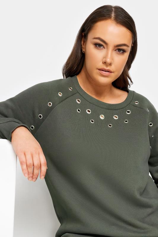 YOURS Curve Dark Green Eyelet Detail Sweatshirt | Yours Clothing 4