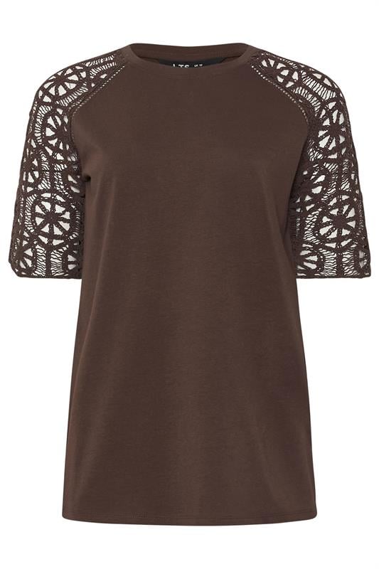 LTS Tall Women's Chocolate Brown Crochet Raglan Cotton T-Shirt | Long Tall Sally 5