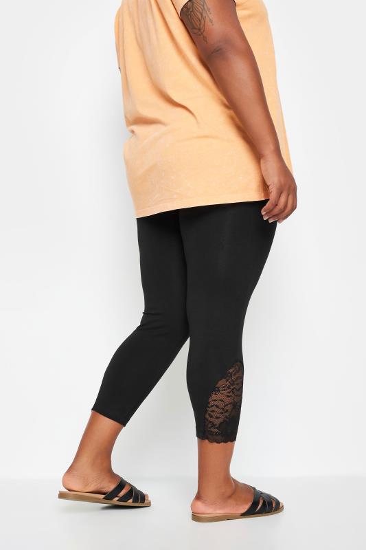 YOURS Plus Size Black Lace Insert Cropped Leggings | Yours Clothing 3