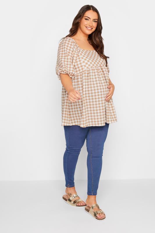 Plus Size BUMP IT UP MATERNITY White & Beige Brown Gingham Square Neck Top | Yours Clothing 2