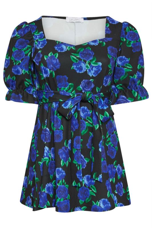 YOURS LONDON Plus Size Black & Blue Floral Print Peplum Top | Yours Clothing 4