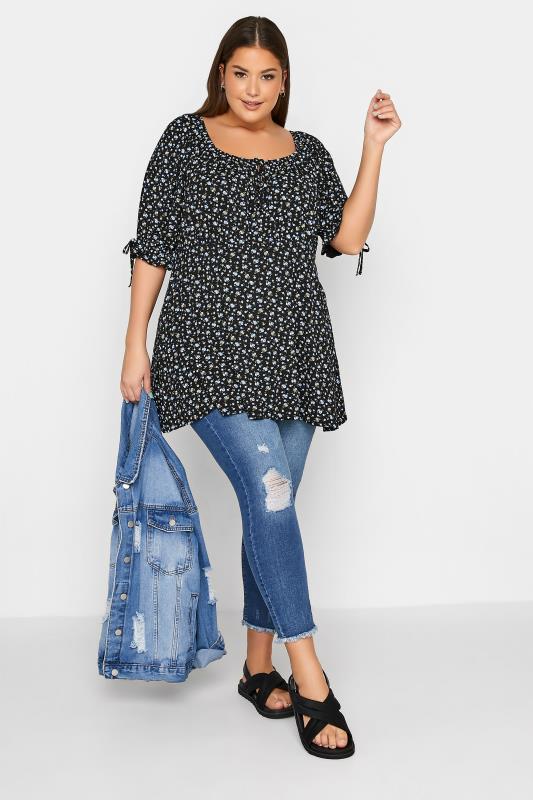 LIMITED COLLECTION Curve Black & Blue Ditsy Print Milkmaid Top_B.jpg